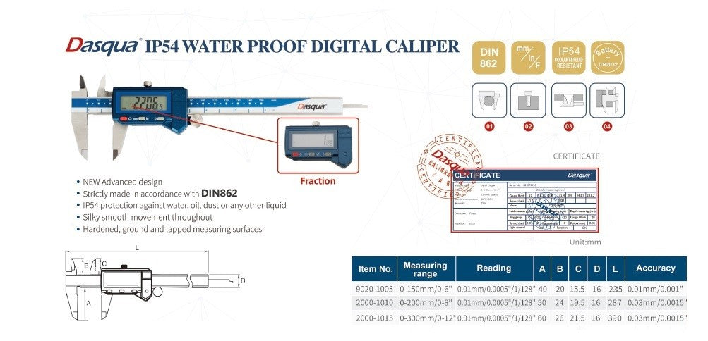 DASQUA #2000-1005 0-150MM/FRAC/0-6" IP54 WATERPROOF DIGITAL CALIPER