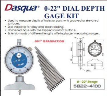 DASQUA 0-22" DIAL DEPTH GAGE SET WITH 2-1/2" BASE